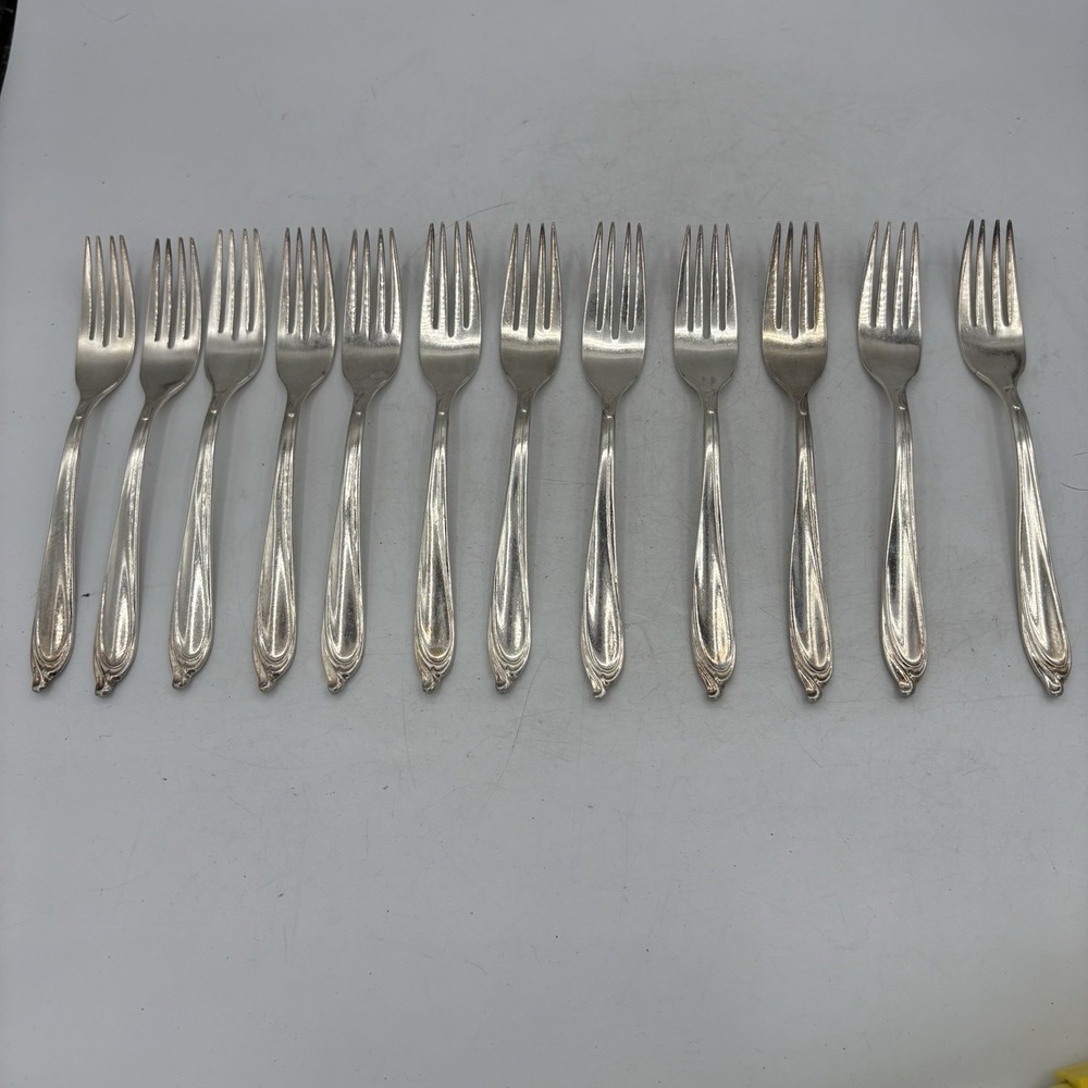 International Deep Silver Forks Inlaid Happy Anniversary 7.25" Lot of 12